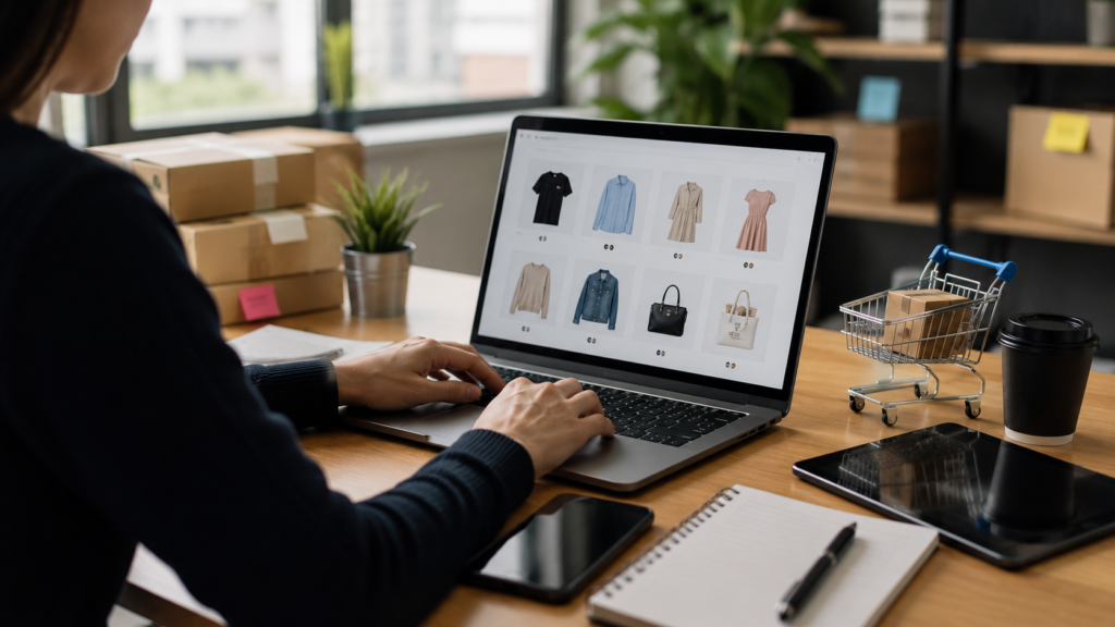 Pessoa criando loja virtual em notebook com interface de e-commerce, produtos online e materiais de envio em ambiente moderno de trabalho digital