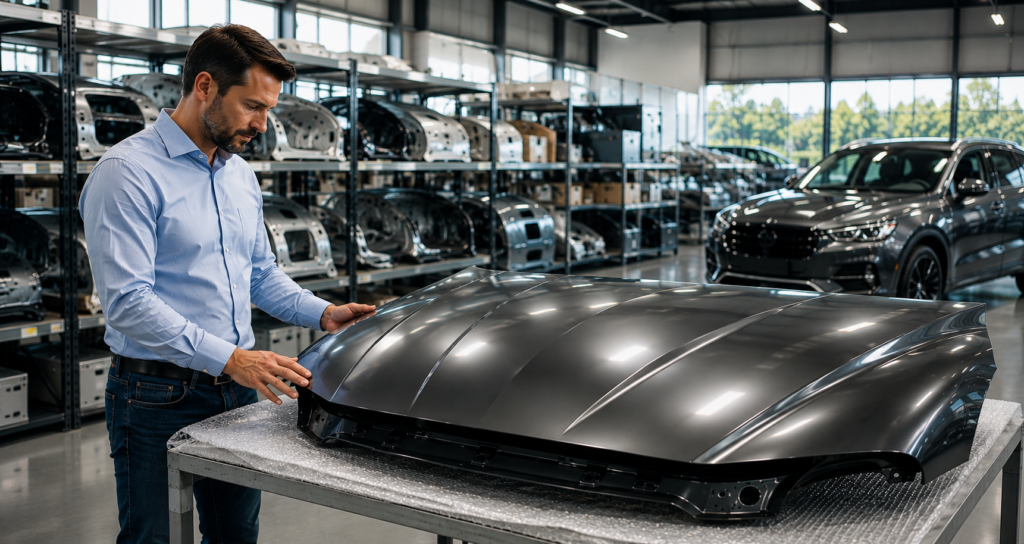 Profissional avaliando capô automotivo em distribuidora moderna de peças de lataria, destacando qualidade, tendências e confiabilidade no mercado automotivo.